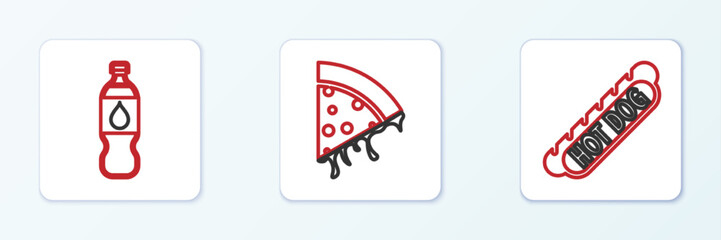 Set line Hotdog sandwich, Bottle of water and Slice pizza icon. Vector