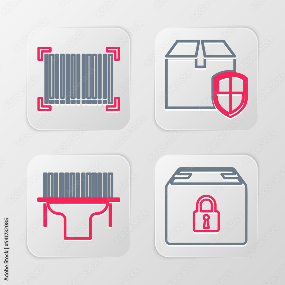 Poster set line locked package, scanner scanning bar code, delivery box security shield and barcode icon. v