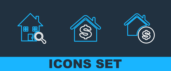 Set line House with dollar, Search house and icon. Vector