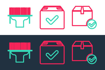 Set line Package box with check mark, Scanner scanning bar code and icon. Vector