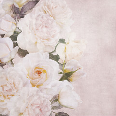 White roses vintage textured background. Floral grunge scrapbooking paper.