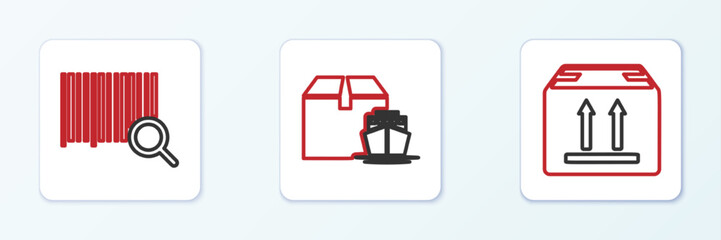 Set line Cardboard box with traffic, Search barcode and Cargo ship boxes icon. Vector