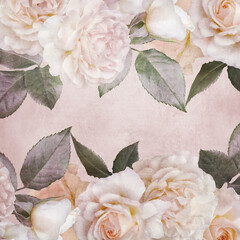 White roses vintage textured background. Floral grunge scrapbooking paper.