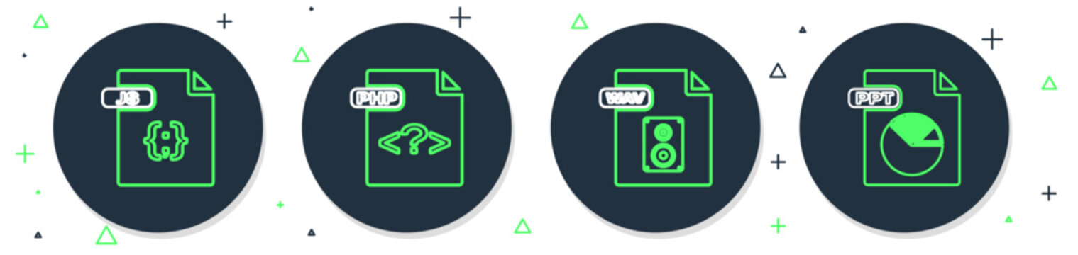 Set line PHP file document, WAV, JS and PPT icon. Vector
