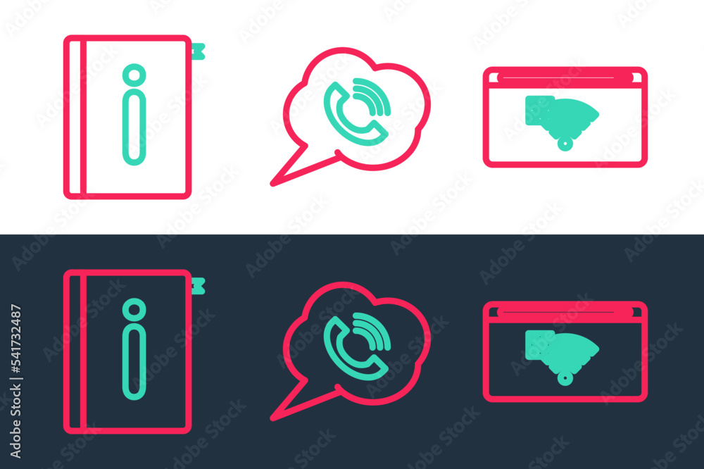Poster set line no internet connection, user manual and speech bubble with phone call icon. vector
