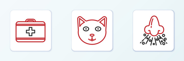 Set line Runny nose, First aid kit and Pet icon. Vector
