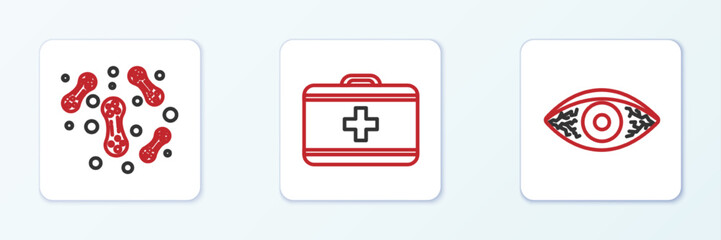 Obraz premium Set line Reddish eye allergic conjunctivitis, Bacteria and First aid kit icon. Vector
