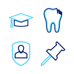 Set line Push pin, User protection, Broken tooth and Graduation cap icon. Vector