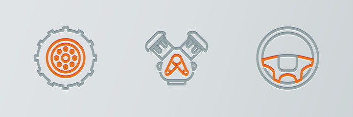 Set line Steering wheel, Car and engine icon. Vector