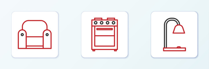 Set line Table lamp, Armchair and Oven icon. Vector