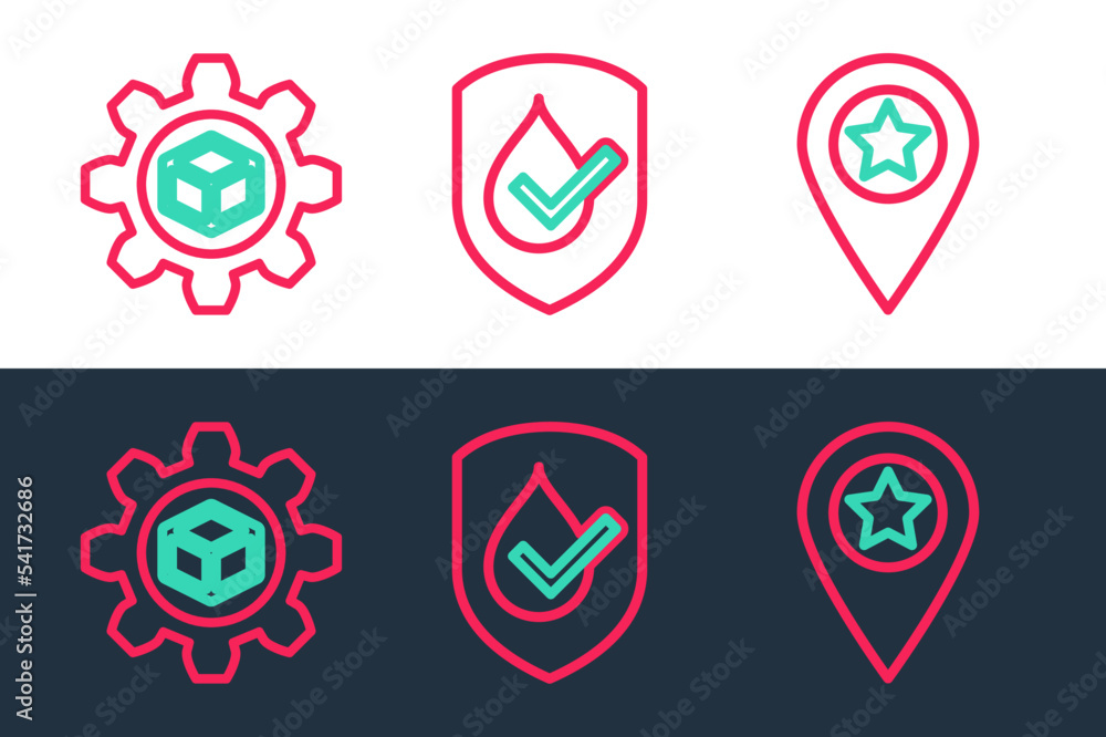 Poster set line location with star, product development and waterproof icon. vector