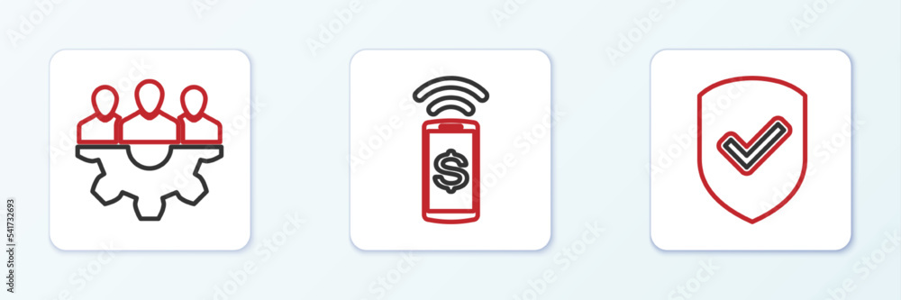Poster set line shield with check mark, project team base and contactless payment icon. vector