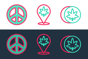 Set line Herbal ecstasy tablets, Peace and Location and marijuana icon. Vector