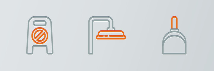 Set line Dustpan, Wet floor and cleaning in progress and Shower head icon. Vector