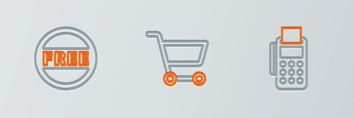 Set line POS terminal with credit card, Price tag Free and Shopping cart icon. Vector