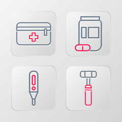 Set line Neurology reflex hammer, Medical digital thermometer, Medicine bottle and pills and First aid kit icon. Vector