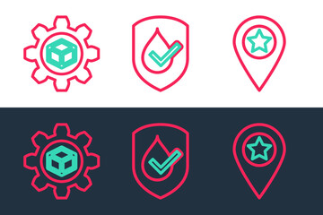 Set line Location with star, Product development and Waterproof icon. Vector