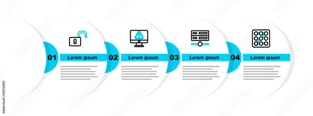 Poster set line graphic password protection, server, data, web hosting, monitor with exclamation mark and o