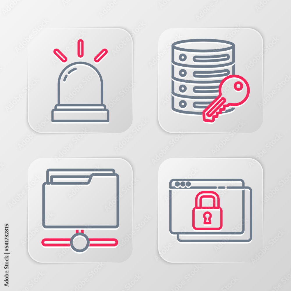 Poster set line secure your site with https, ssl, ftp folder, server security key and motion sensor icon. v