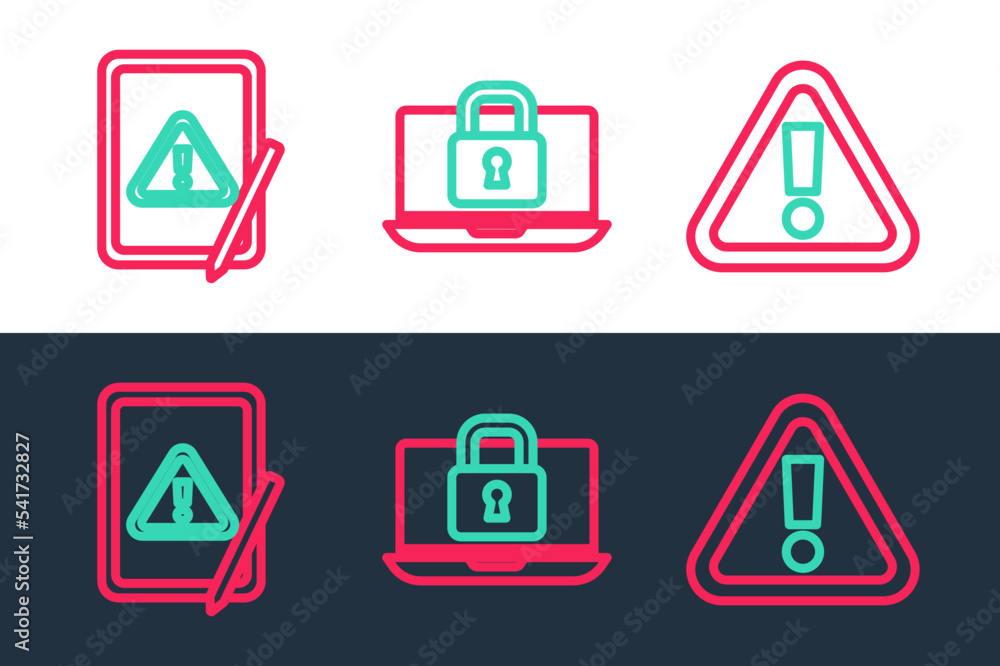 Poster set line exclamation mark in triangle, tablet with exclamation and laptop and lock icon. vector