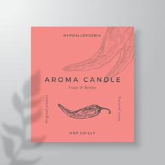 Aroma candle vector label template. Chilly pepper scent from local purveyors advert design Ink style sketch background layout decor Natural smell product package text space