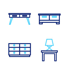 Set line Table lamp on table, Chest of drawers, and Office desk icon. Vector