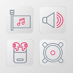 Set line Stereo speaker, Air headphones in box, Speaker volume and Music festival flag icon. Vector