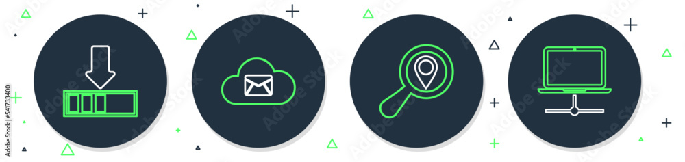Aufkleber set line cloud mail server, search location, loading and computer network icon. vector