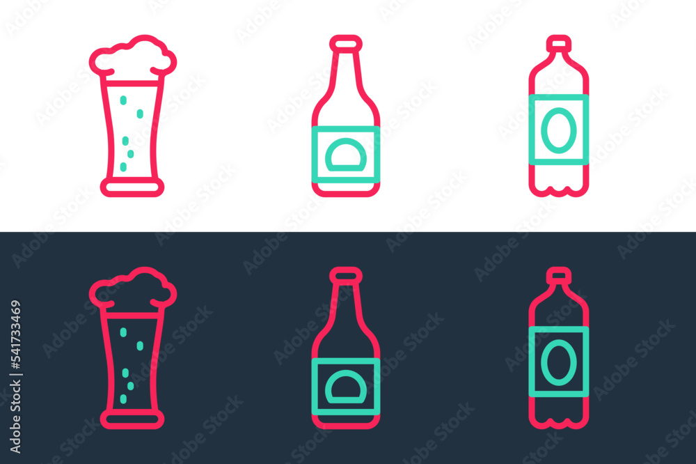 Sticker Set line Plastic beer bottle, Glass of and Beer icon. Vector