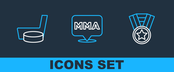 Set line Medal, Ice hockey stick and puck and Fight club MMA icon. Vector