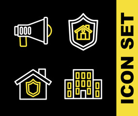 Set line House with shield, and Megaphone icon. Vector