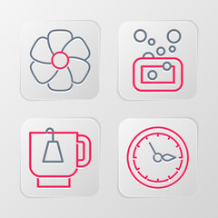 Set line Sauna clock, Cup of tea with tea bag, Bar soap and Flower icon. Vector