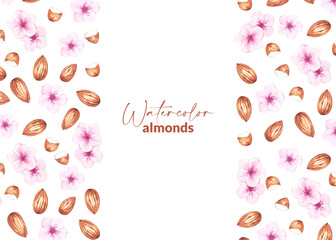 Card design with watercolor almond and blooms. Hand drawn pink flowers and nuts. Template for packaging, label, stationery.
