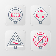 Set line No cell phone, Steep ascent and descent road, Roundabout traffic sign and Pedestrian crosswalk icon. Vector