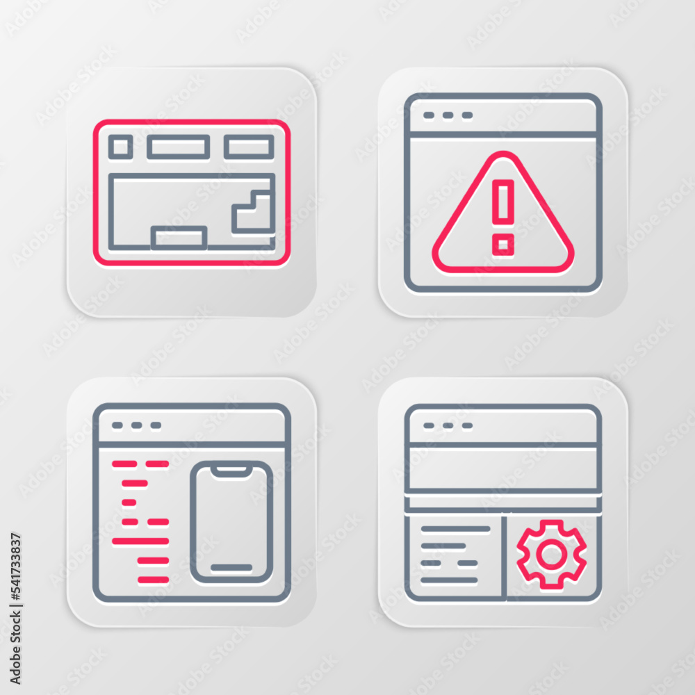 Poster set line debugging, software, browser with exclamation mark and keyboard icon. vector