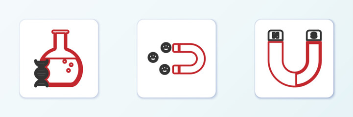Set line Magnet, DNA research, search and Customer attracting icon. Vector