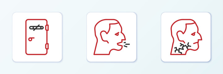 Set line Throat cancer, No smoking area and Man coughing icon. Vector