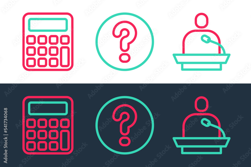 Poster set line gives lecture, calculator and speech bubbles with question icon. vector