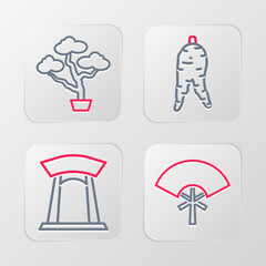 Set line Traditional fan, Korean gate, Ginseng root and Bonsai tree icon. Vector