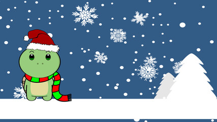 xmas background chibi standing baby turtle cartoon illustration postal in vector format 