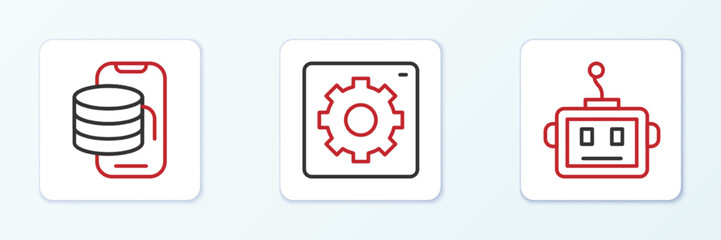 Set line Artificial intelligence robot, Cloud technology data transfer and Computer api interface icon. Vector
