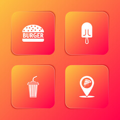 Set Burger, Ice cream, Glass with water and Location slice pizza icon. Vector