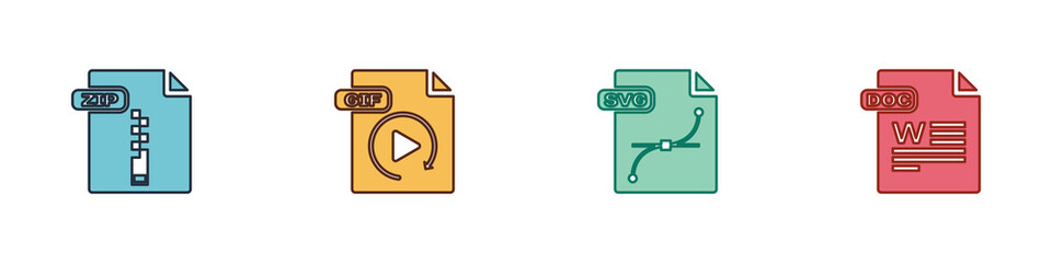 Set ZIP file document, GIF, SVG and DOC icon. Vector