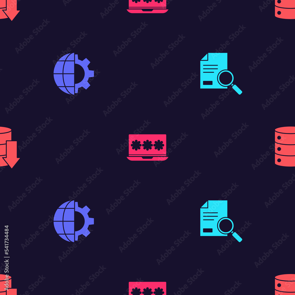Poster set document with search, globe of the earth and gear, laptop password and server, data, web hosting