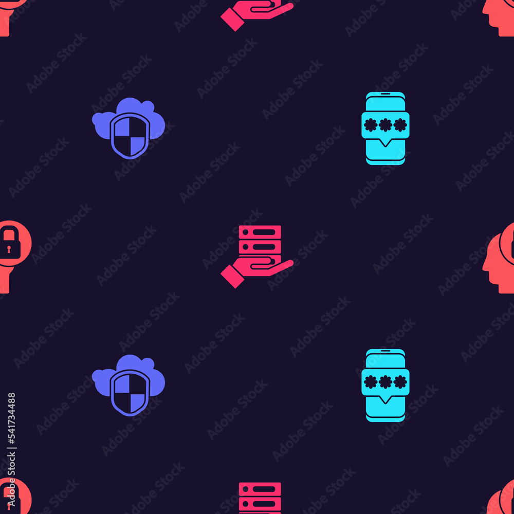 Poster set mobile and password, cloud shield, server, data, web hosting and human head with lock on seamles