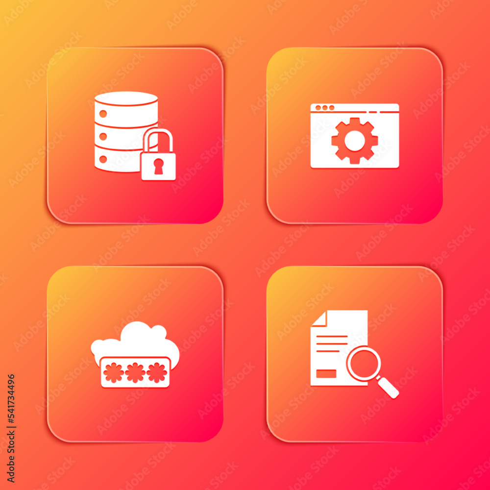 Poster set server security with lock, browser setting, password protection and document search icon. vector