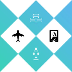 Set Plane, Street light, Macaron cookie and Portrait in museum icon. Vector