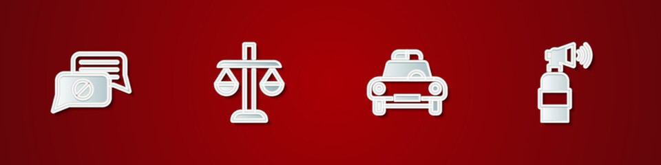 Obraz premium Set Speech bubble chat, Scales of justice, Police car and flasher and Air horn icon. Vector