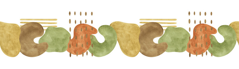 Watercolor seamless border with abstract shapes, ethnic elements. Repeatable frame with colorful line art and modern forms