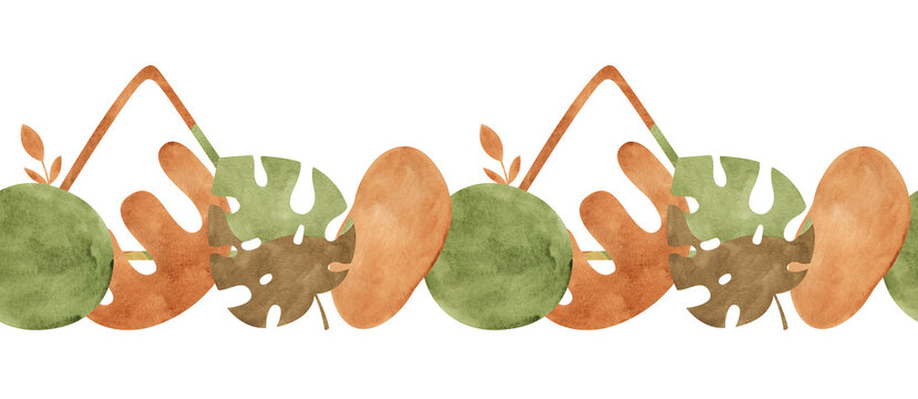 Watercolor seamless border with abstract shapes, monstera leaves. Repeatable frame with green, terracotta and brown line art and modern forms
